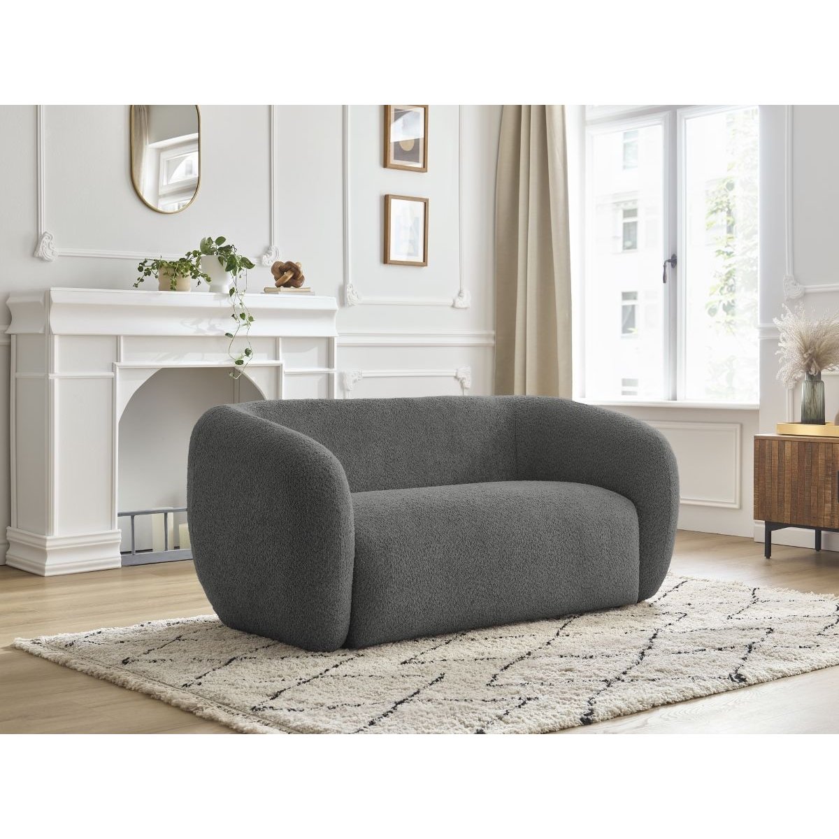 Canapé droit fixe 2 places en tissu bouclette, CELINE gris foncé, BOBOCHIC