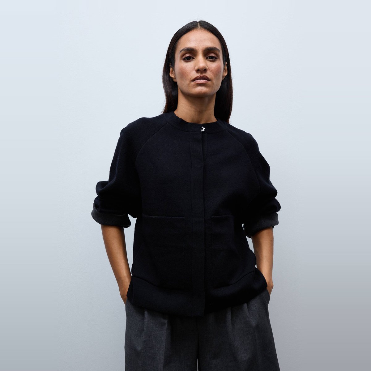 Cardigan à pressions en coton laine noir, MONOPRIX