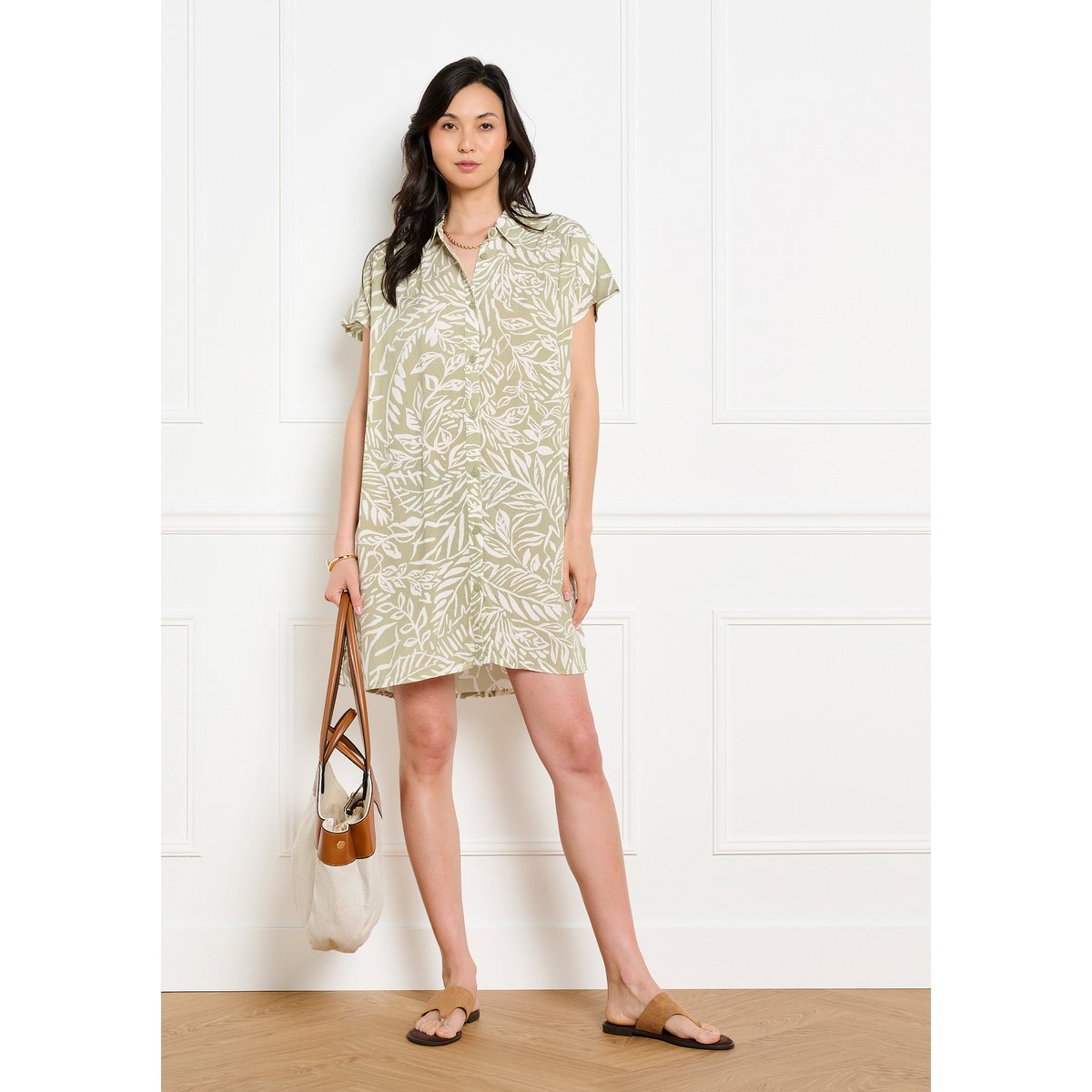 Robe chemise courte imprimée khaki, LOLALIZA