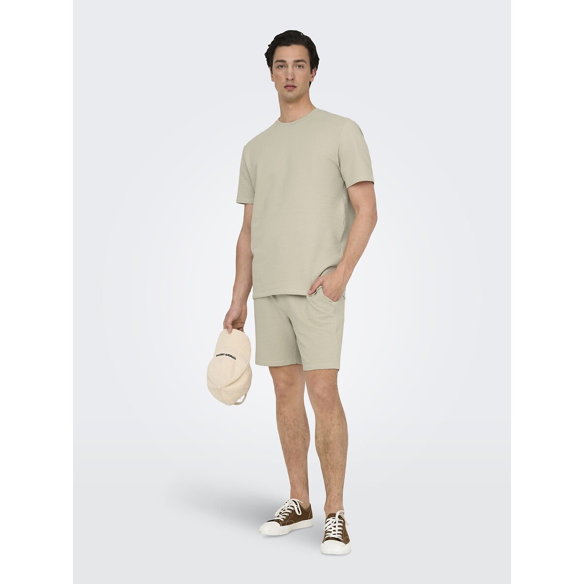 T-shirt met korte mouwen in seersucker beige , ONLY & SONS
