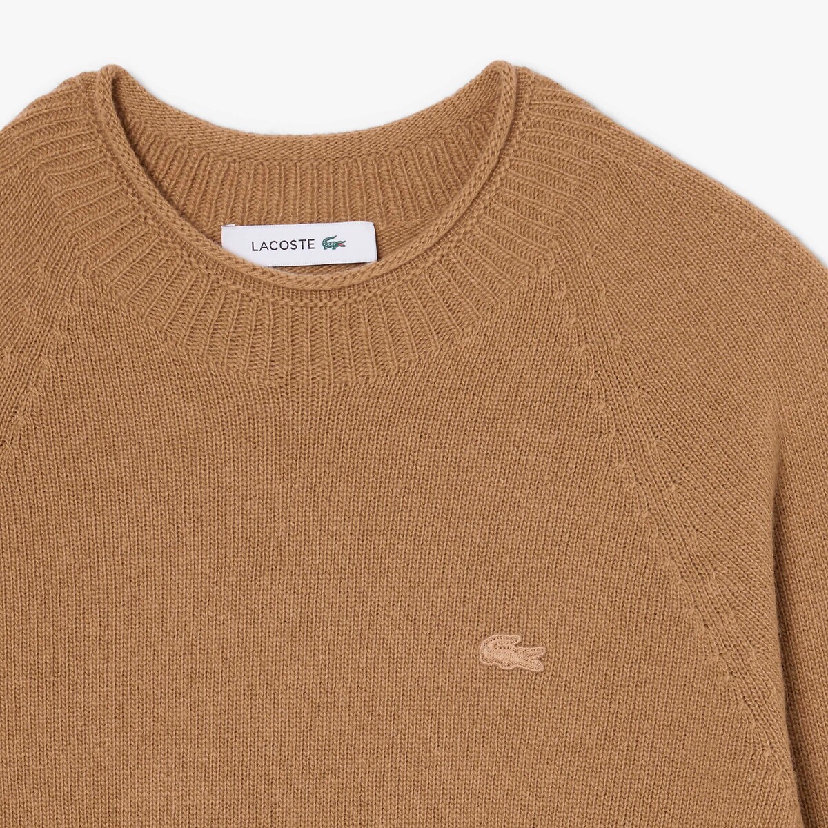 Pull col rond manches longues en laine camel, LACOSTE