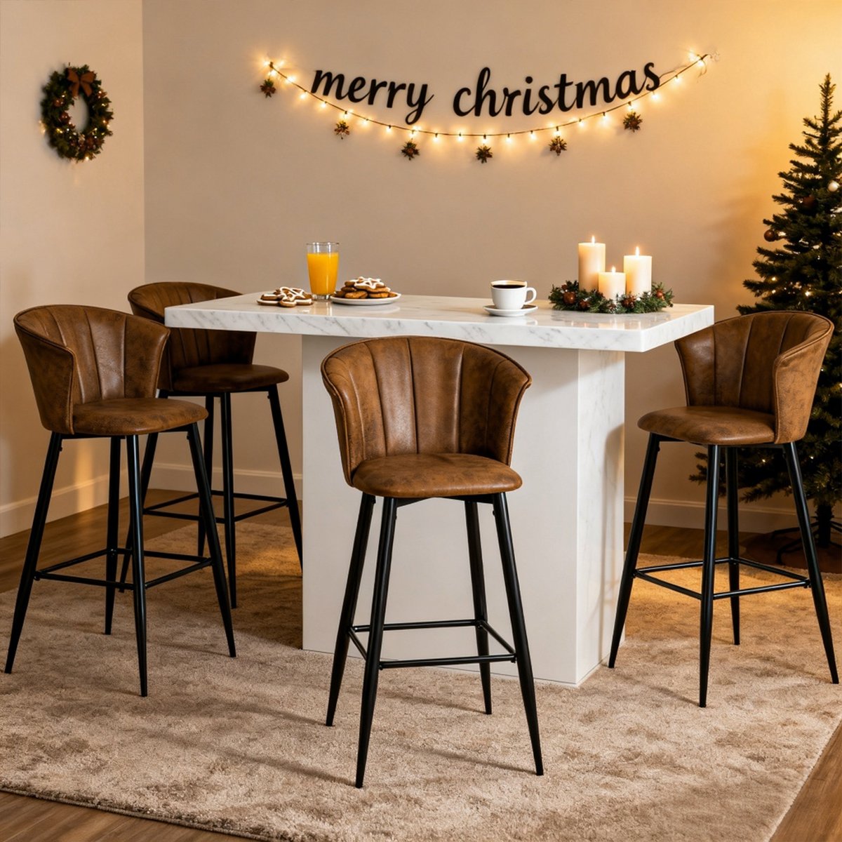 Lot de 4 tabourets de bar rétro industriel, DONCIC marron, MEUBLES COSY