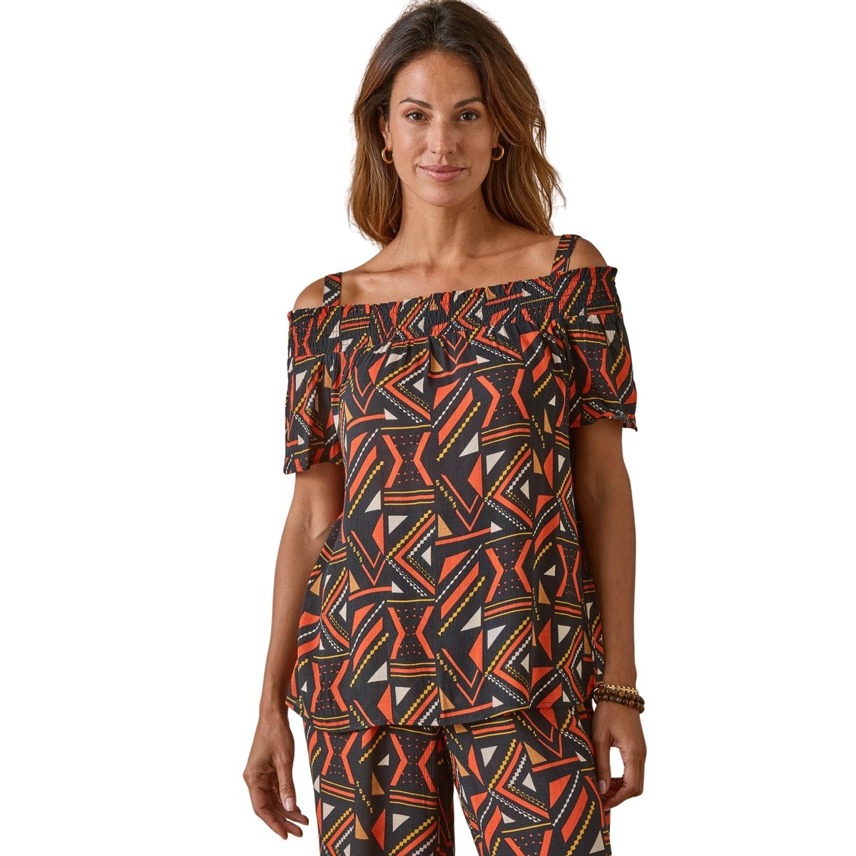 Blouse smockée en crêpe imprimé marron, DAXON