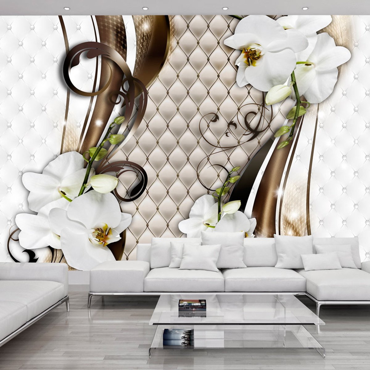 Papier peint intissé panoramique Fleurs Gold trail beige, EDEN