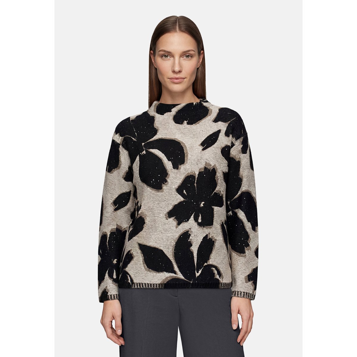 Pull-over en maille à col droit beige/noir, BETTY BARCLAY