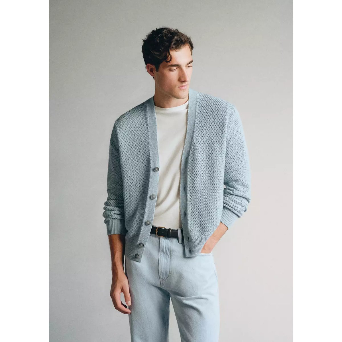 Cardigan 100 % coton filé Pinori Filati bleu ciel, MANGO MAN