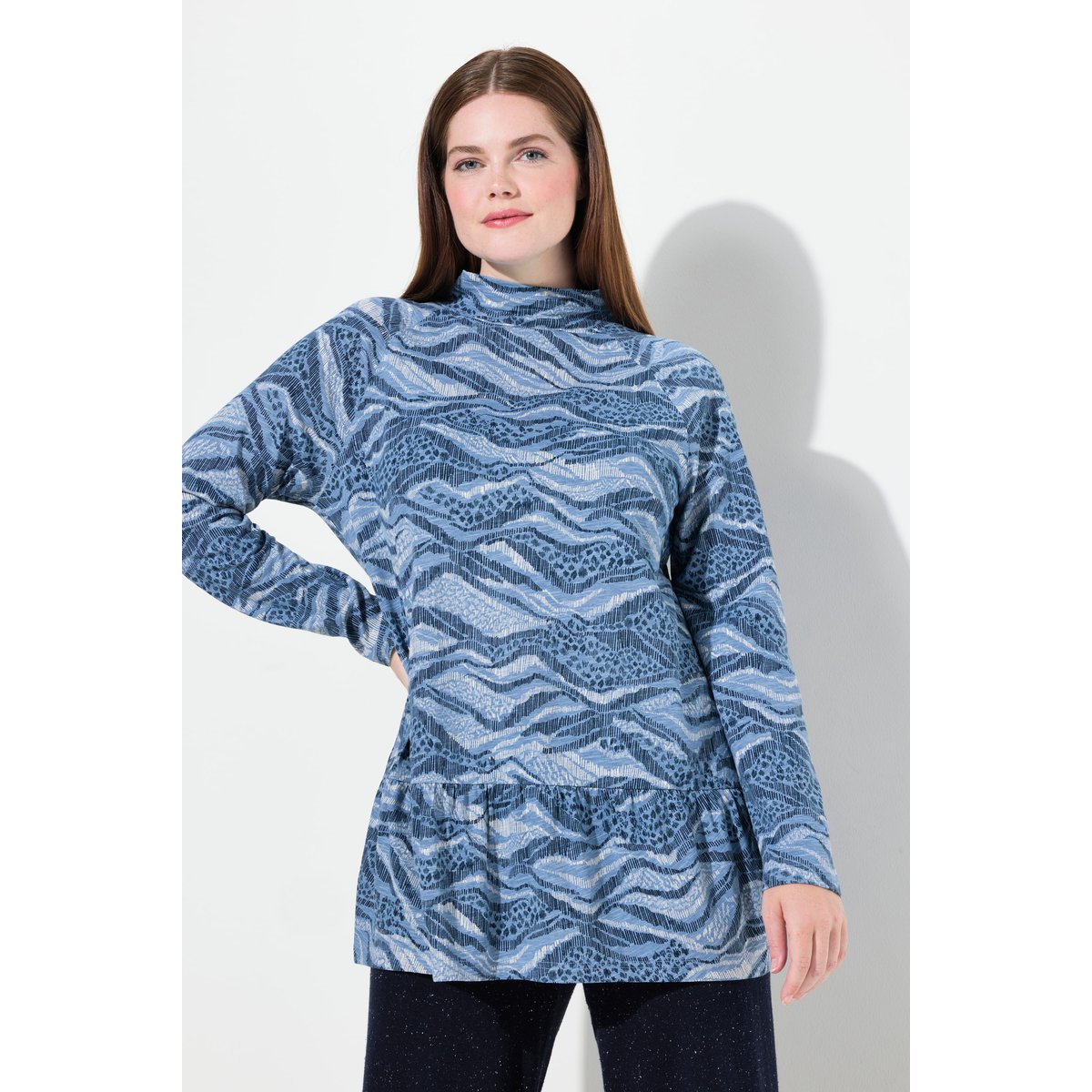 T-shirt long en coton bio bleu jean, ULLA POPKEN