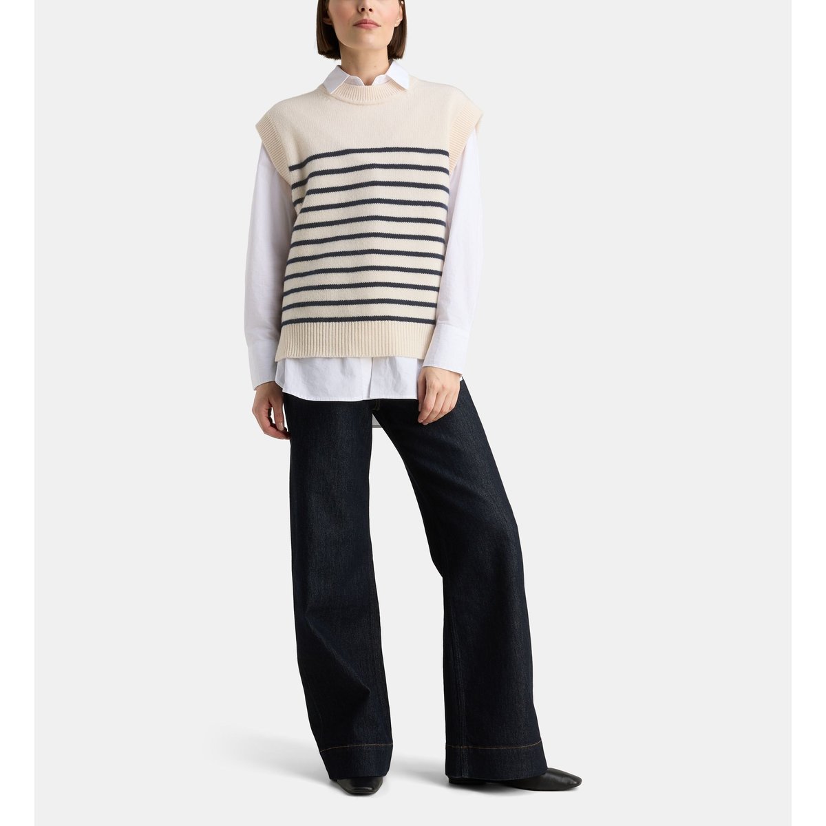 Pull marinière sans manches folal rayé en cachemire écru et bleu, GALERIES LAFAYETTE