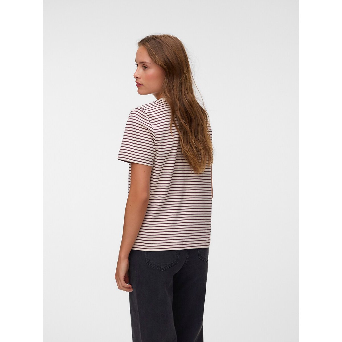 T-shirt rayé col rond manches courtes ecru/marron, VERO MODA