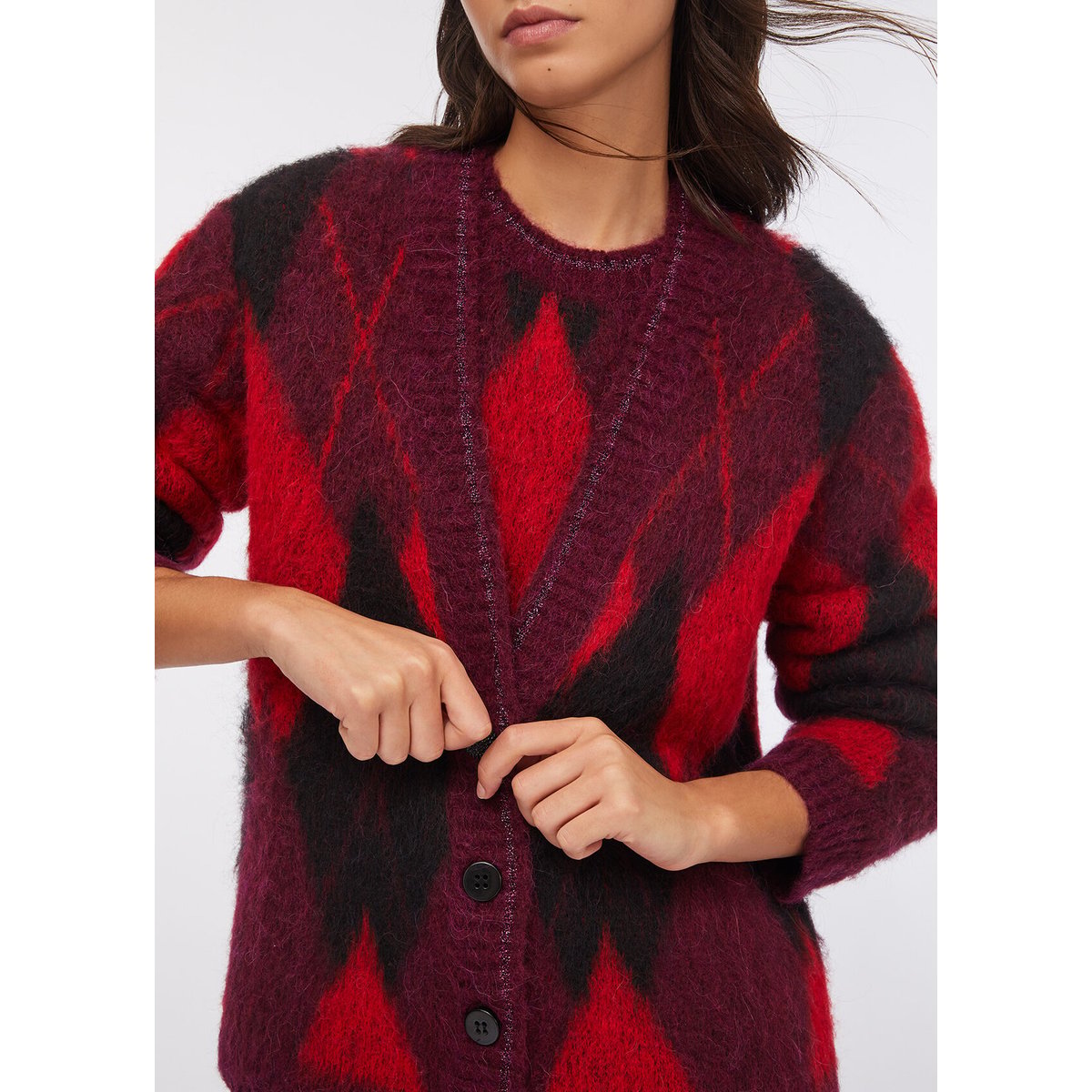 Cardigan à losanges en laine et alpaga rouge, LIU JO