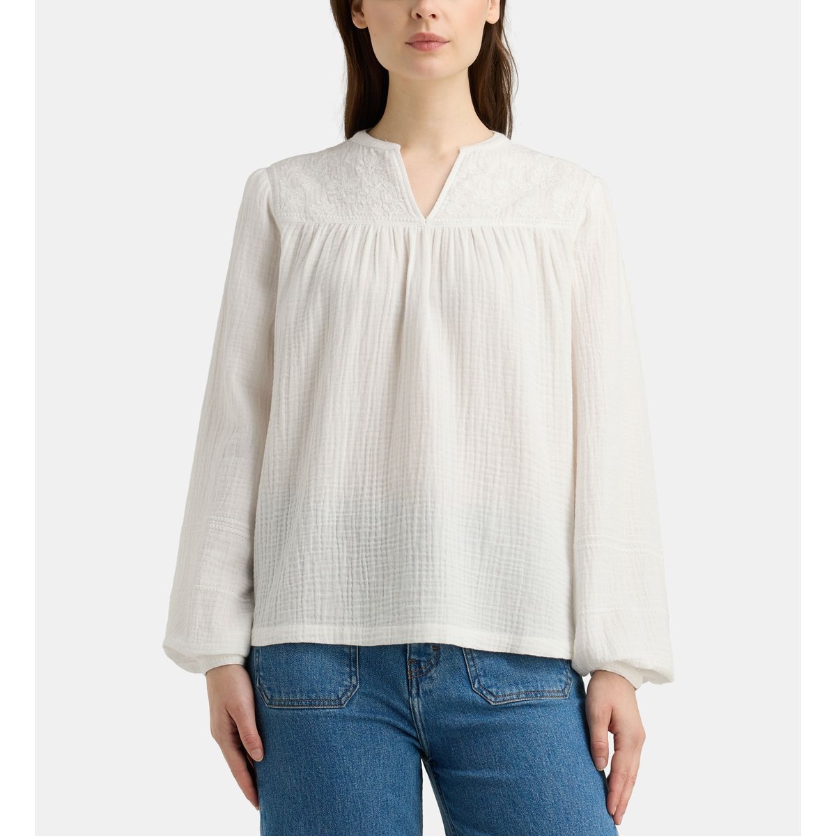 Top droit dina emb broderies coton bio blanc, GALERIES LAFAYETTE