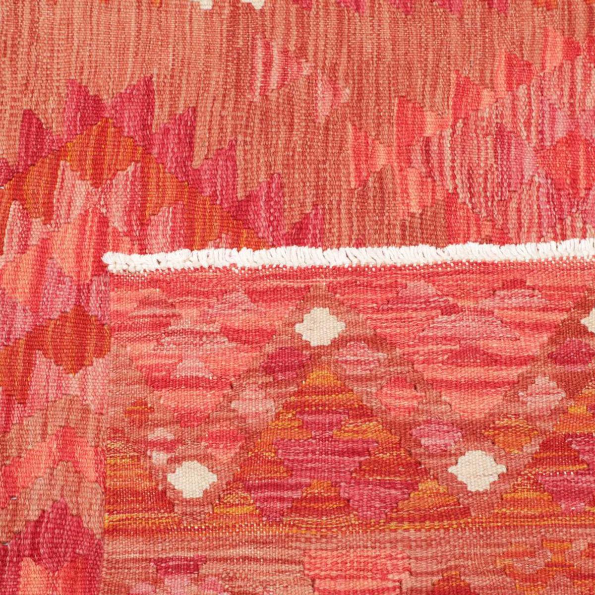 Tapis kilim géométrique, tissé plat en laine, KILIM 33 rouge, orange, rose, UN AMOUR DE TAPIS