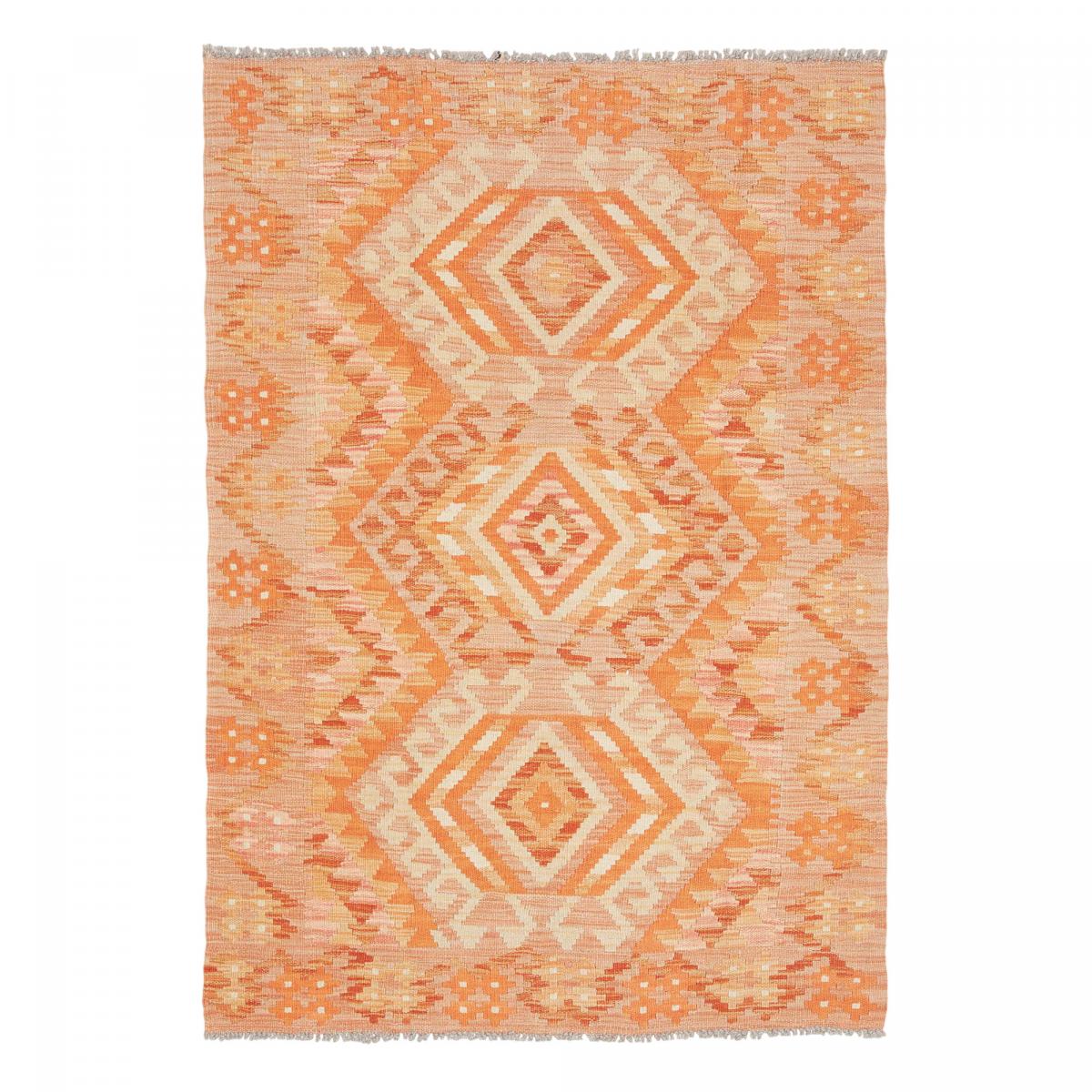 Tapis kilim géométrique, tissé plat en laine, KILIM 58 orange, beige, rouge, UN AMOUR DE TAPIS