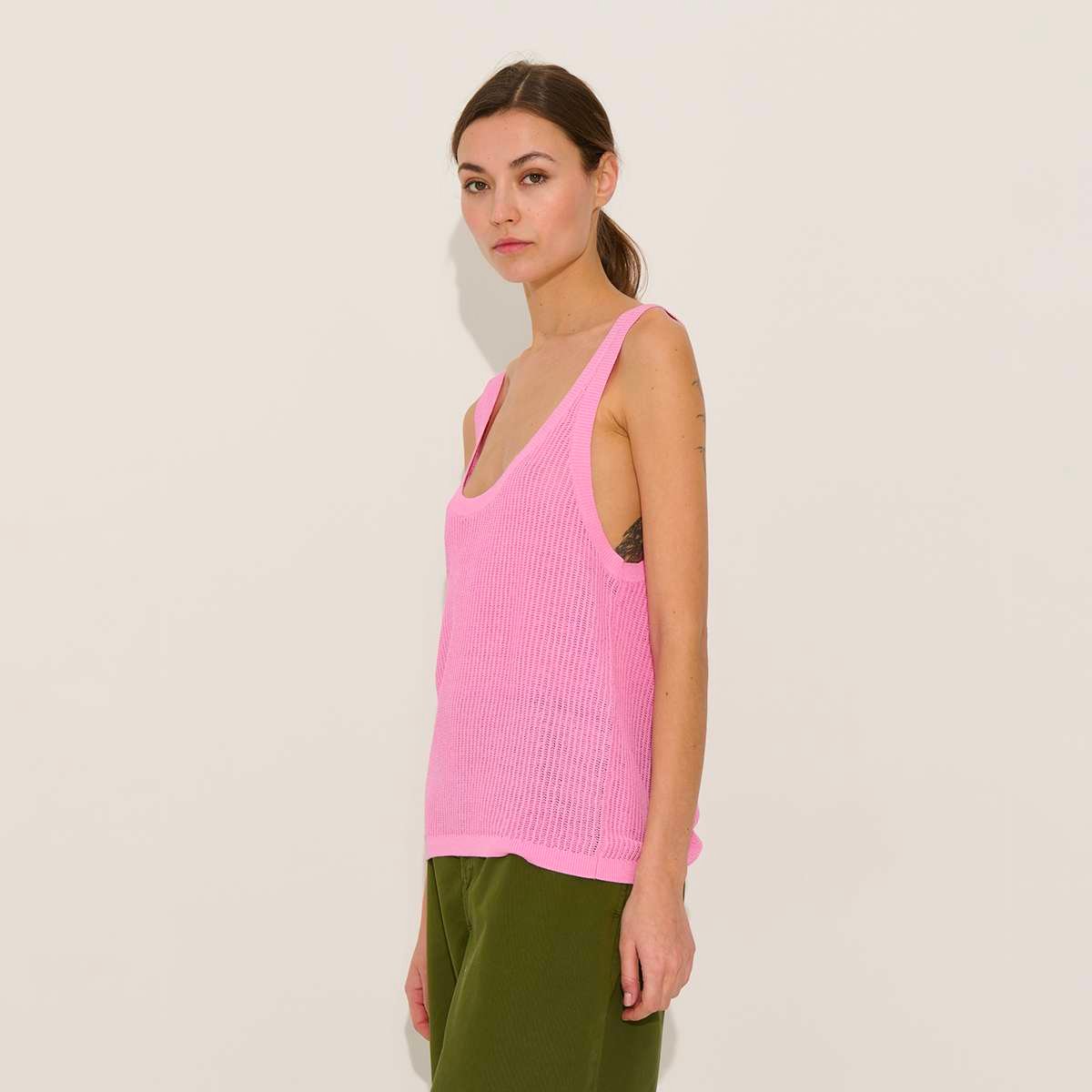Top maille ajourée coupe droite sans manches chanvre viscose PÉPINA rose, BENSIMON