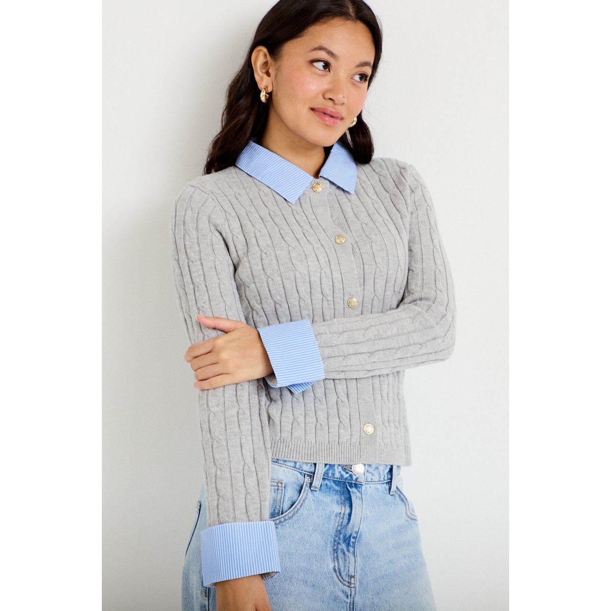 Gilet col chemise manches longues gris clair, CACHE CACHE