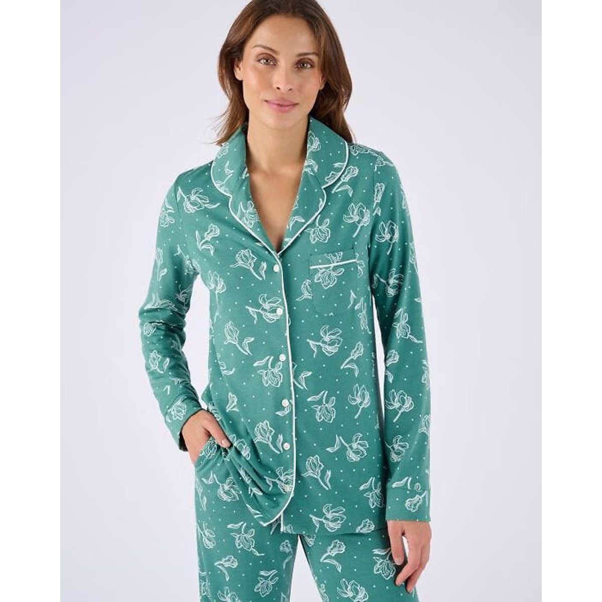 Pyjama boutonné en jersey thermolactyl vert fleurs, DAMART