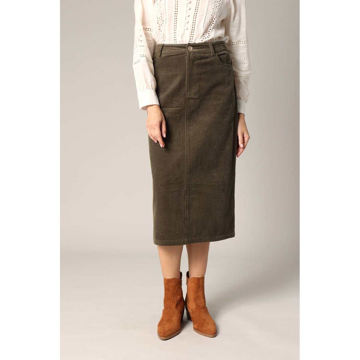 Jupe mi-longue en velours côtelé MELOANE dark khaki, DEELUXE
