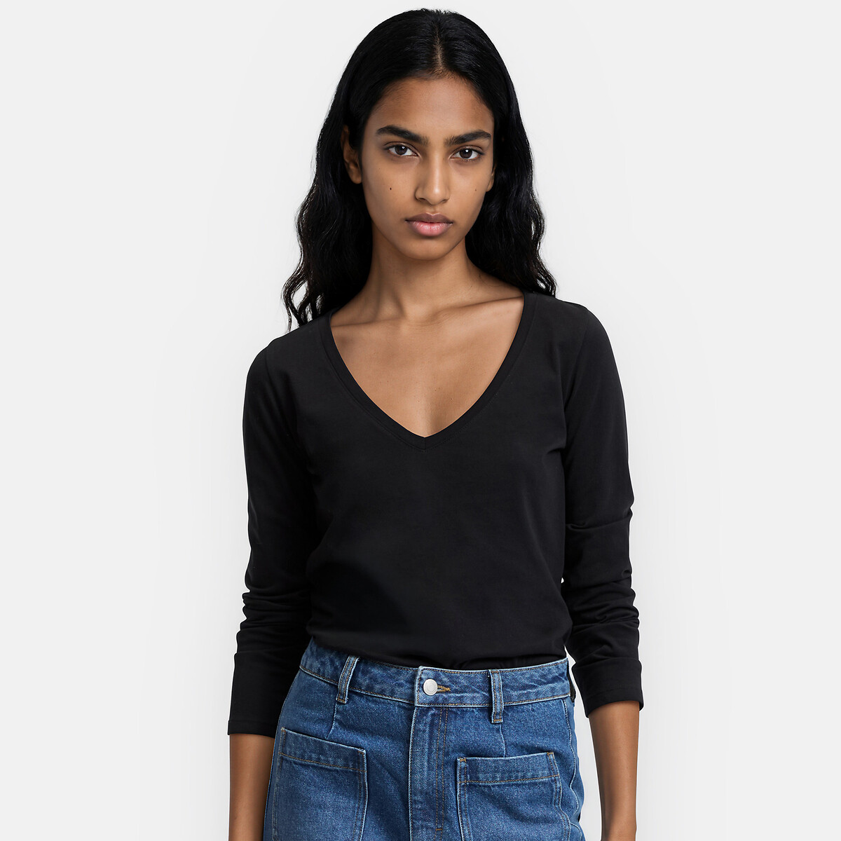Katoenen T-shirt, V-hals, lange mouwen zwart, LA REDOUTE COLLECTIONS