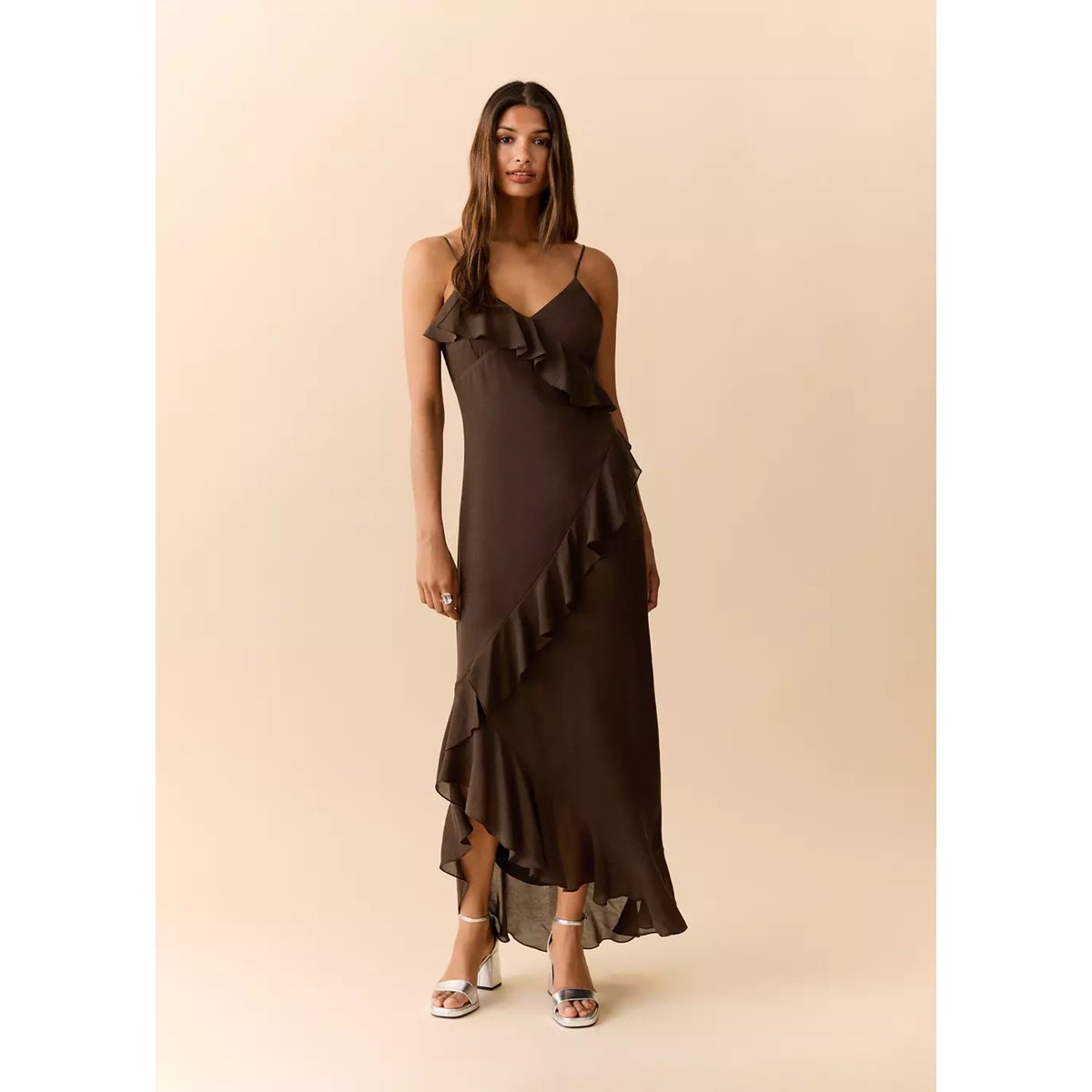 Robe volants fines bretelles marron, MANGO TEEN