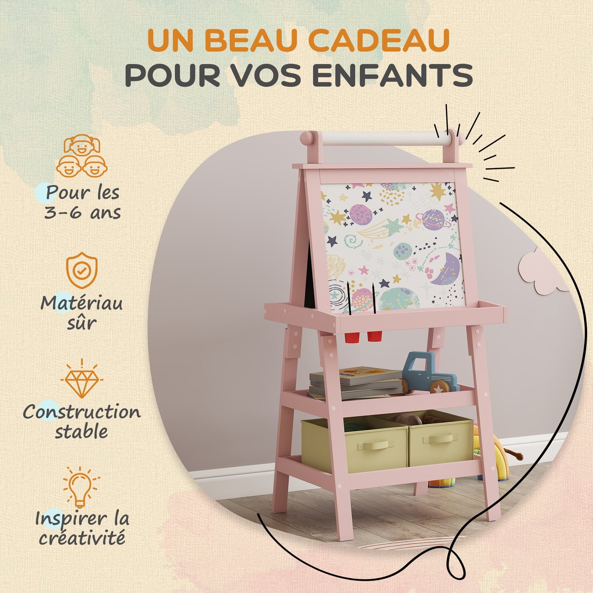 Chevalet pour enfants MDF Rose rose, rouge, beige, AIYAPLAY