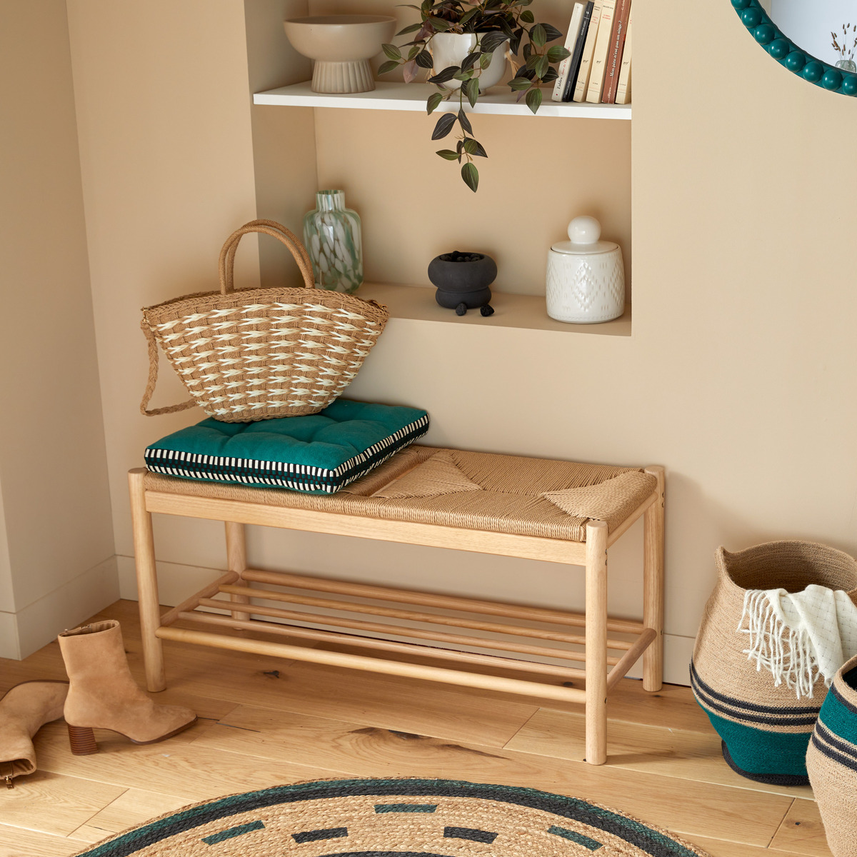 Banc en bois d'hévéa assise en corde tressée MAESI beige, ATMOSPHERA