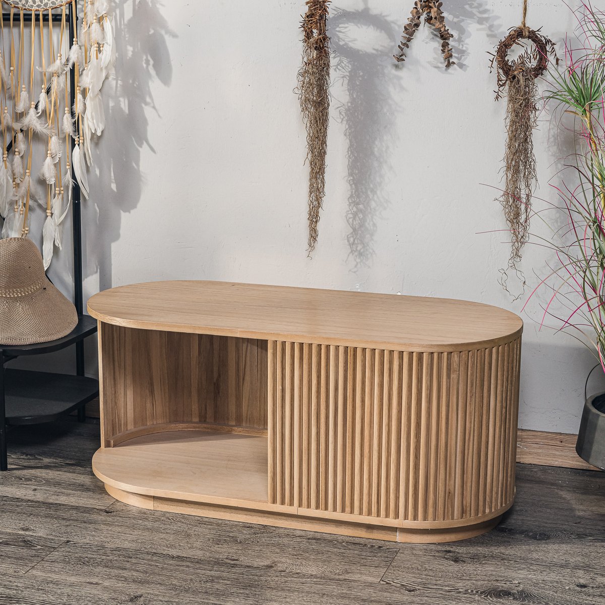 Table basse avec rangement, frêne, VIKNA bois naturel, NORDLYS