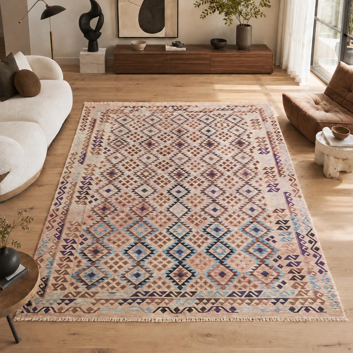 Tapis kilim au motif ethnique, tissé plat, laine, KILIM 60 beige, marron, violet, UN AMOUR DE TAPIS