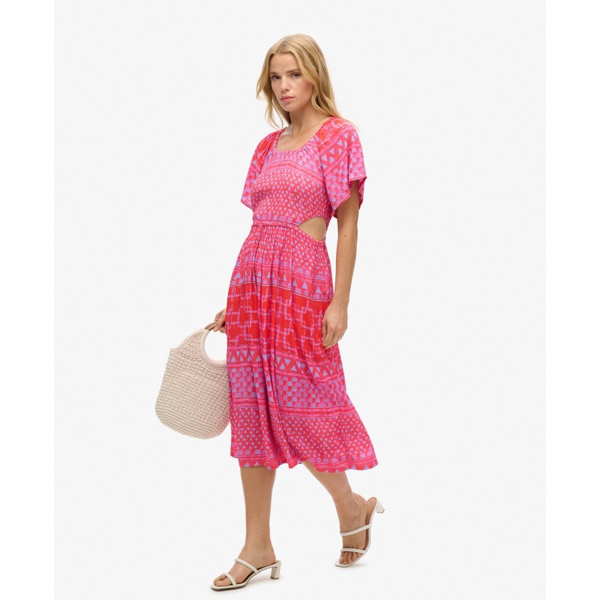 Robe mi-longue imprimée ajourée couche rose shibori, SUPERDRY