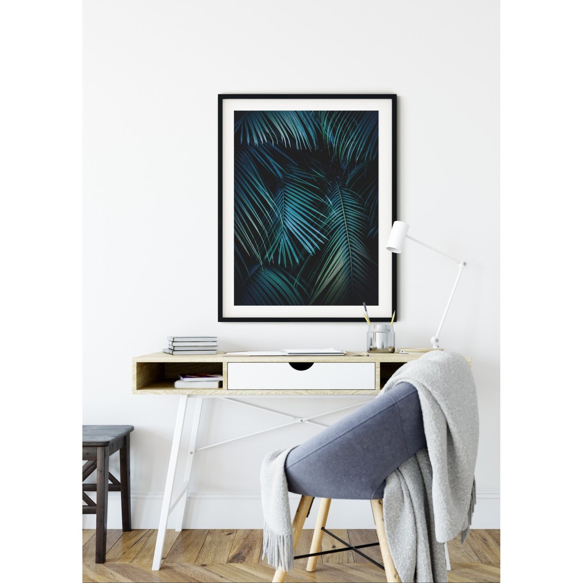 Poster Feuilles de palmier tropical verte blanc, L'AFFICHERIE