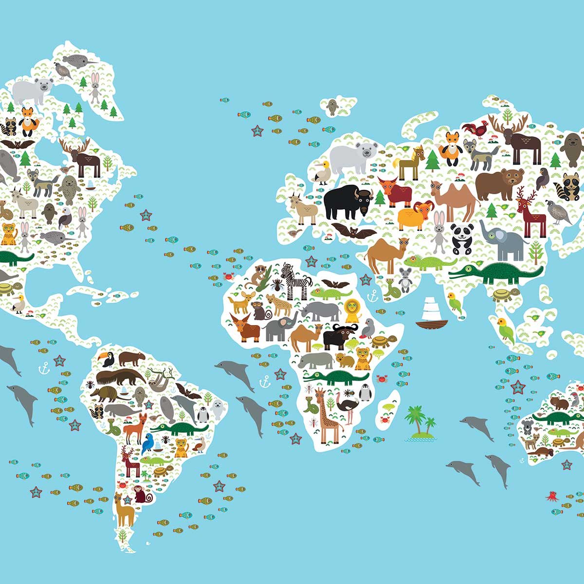 Tableau carte du monde animaux toile imprimée, HEXOA