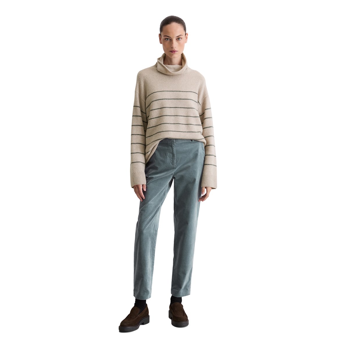 Pull à col roulé rayé relaxed en doux mélange de laine mérinos gris clair, MARC O'POLO