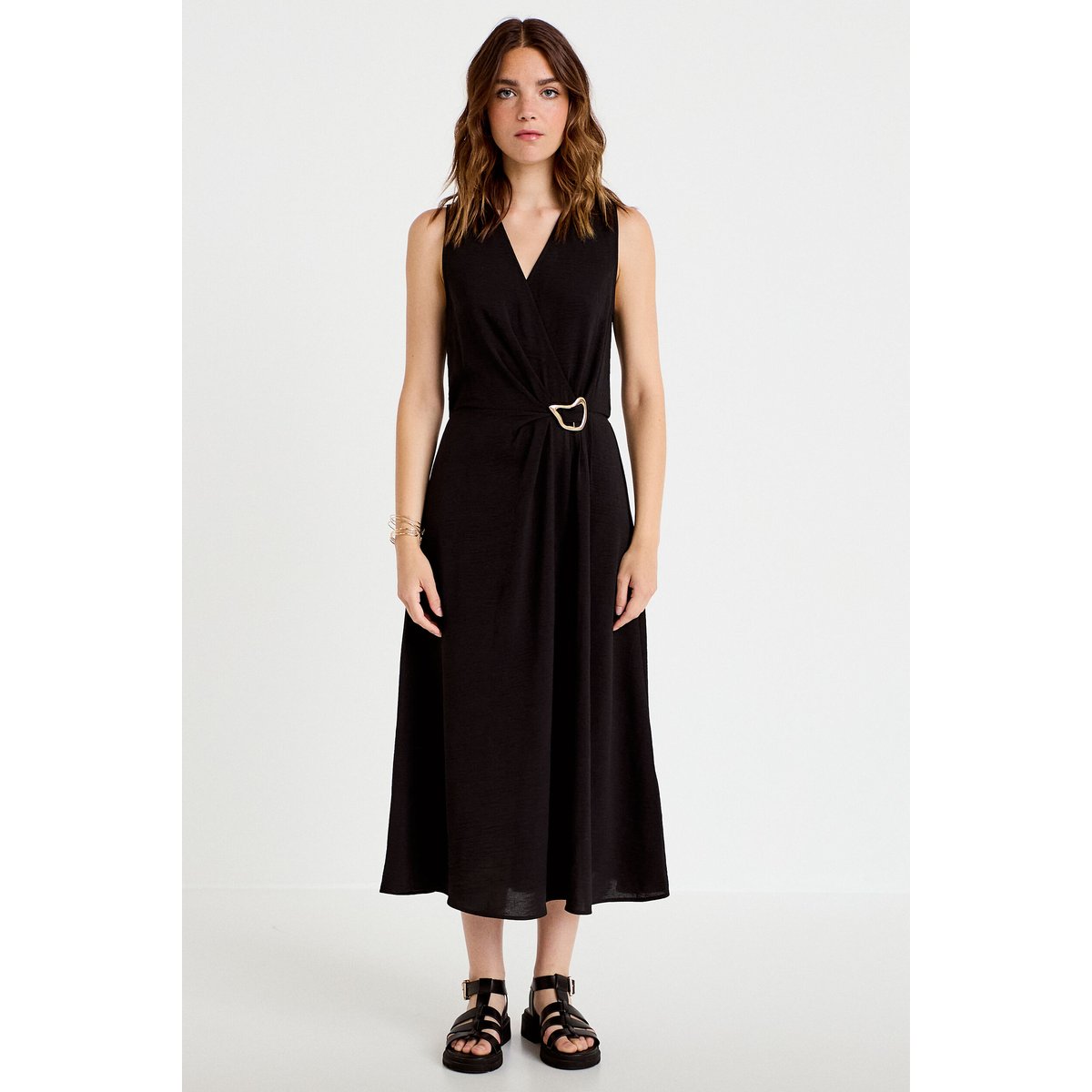 Robe droite 3/4 sans manches col v noir, CACHE CACHE