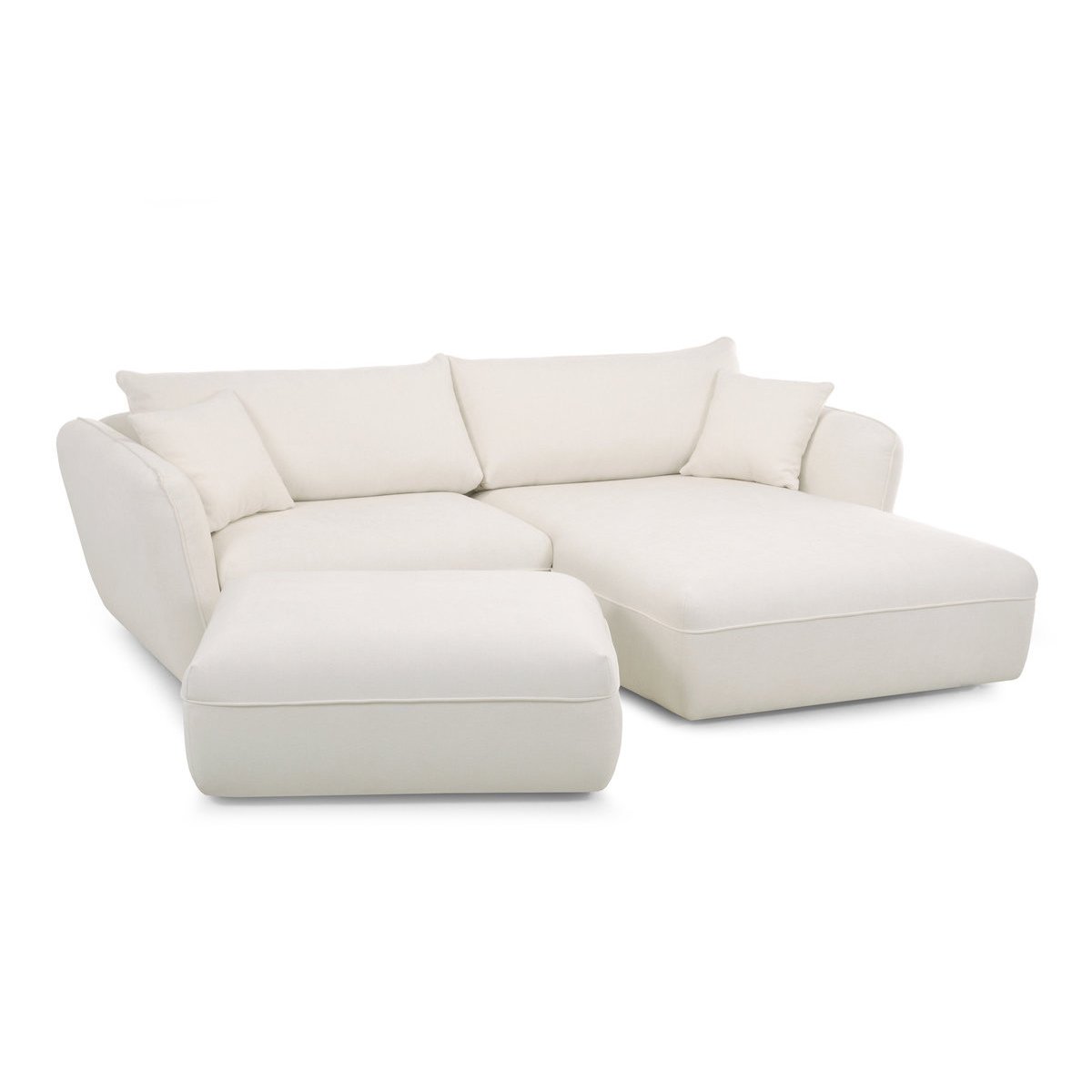 Canapé d'angle fixe 3 places en tissu texturé avec pouf, LUIGI blanc, BOBOCHIC