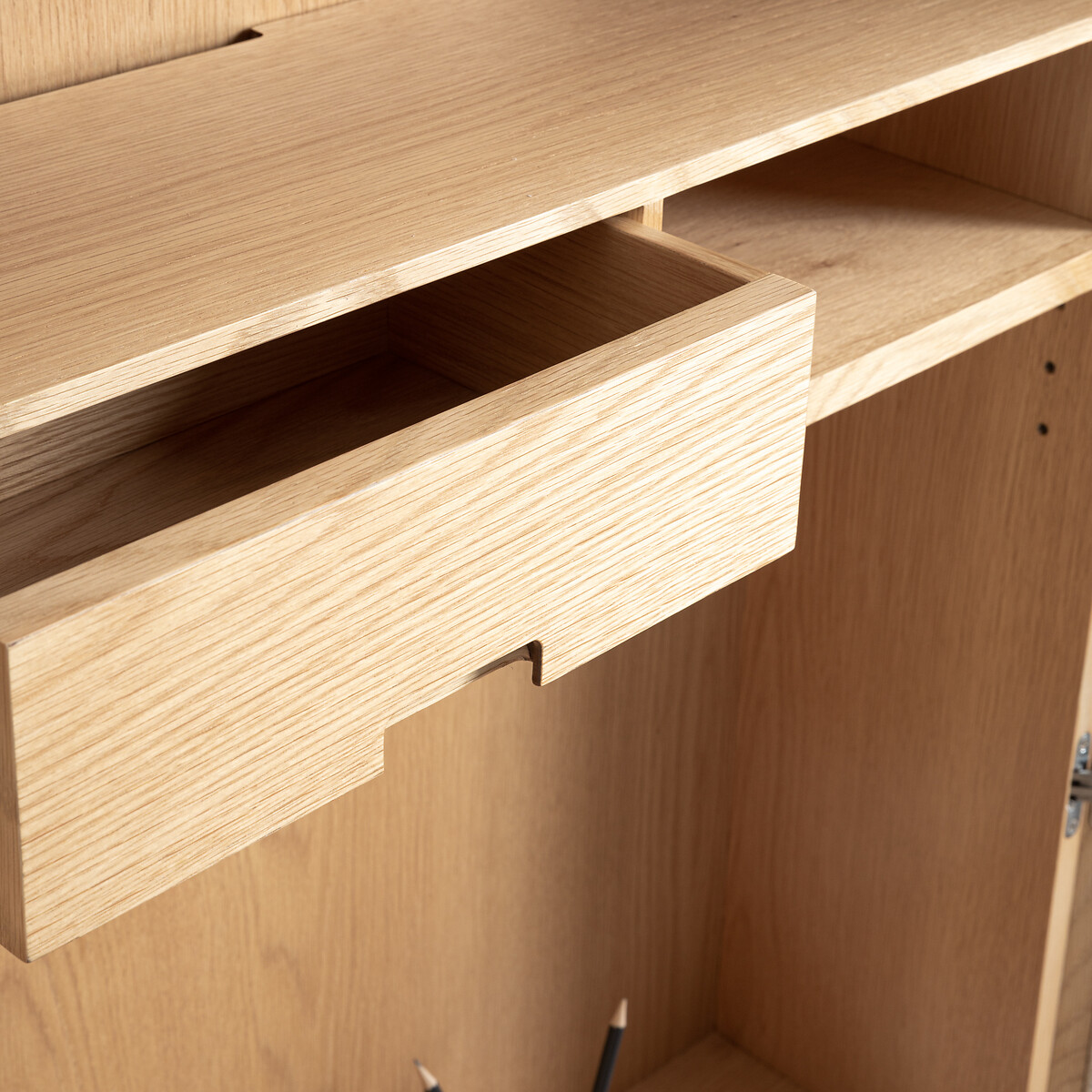 Bureau armoire plaqué chêne tissu texturé, Omid beige ficelle/chêne, AM.PM
