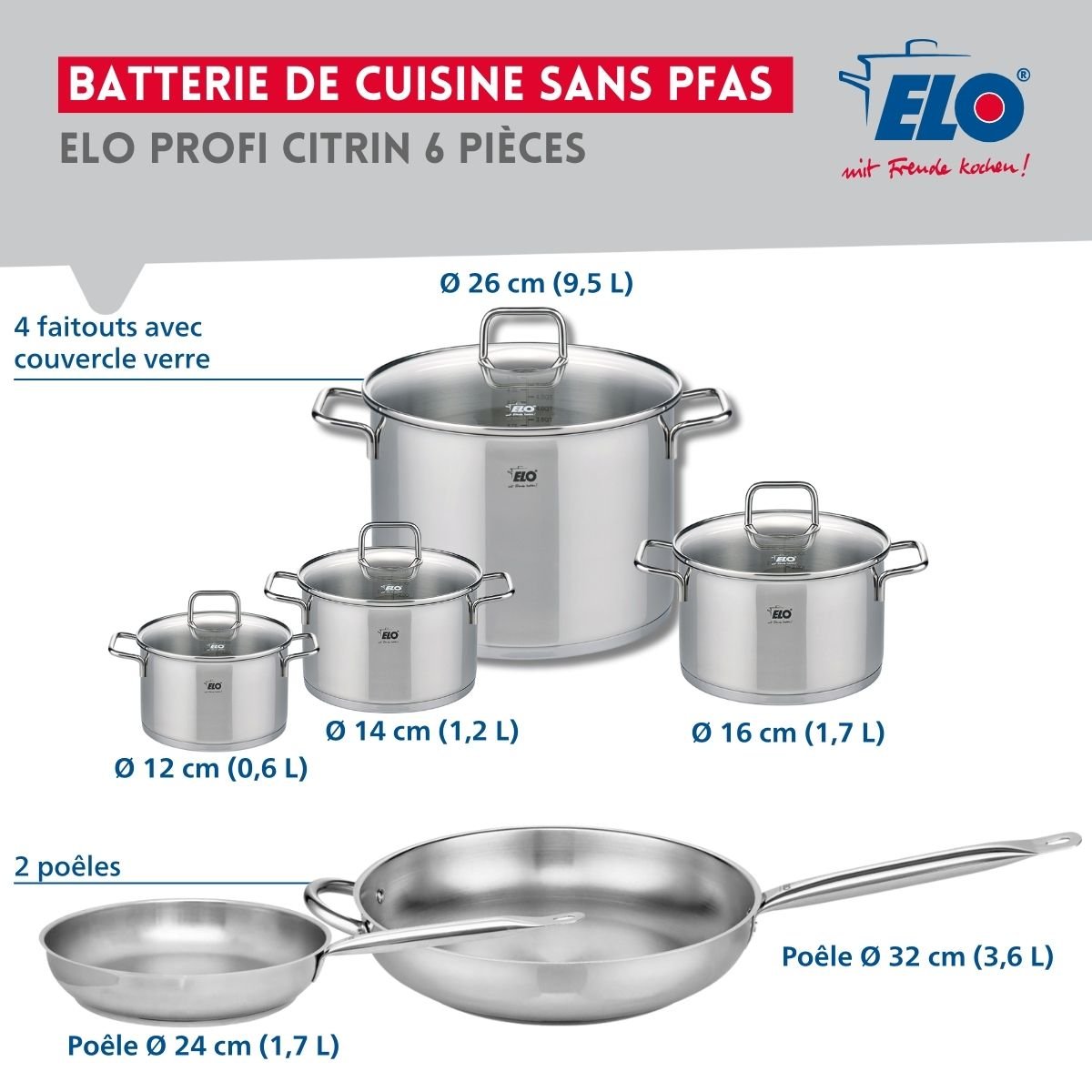 2 poêles 24/32cm + 4 faitouts 12/14/16/26cm PROFI CITRIN gris, ELO