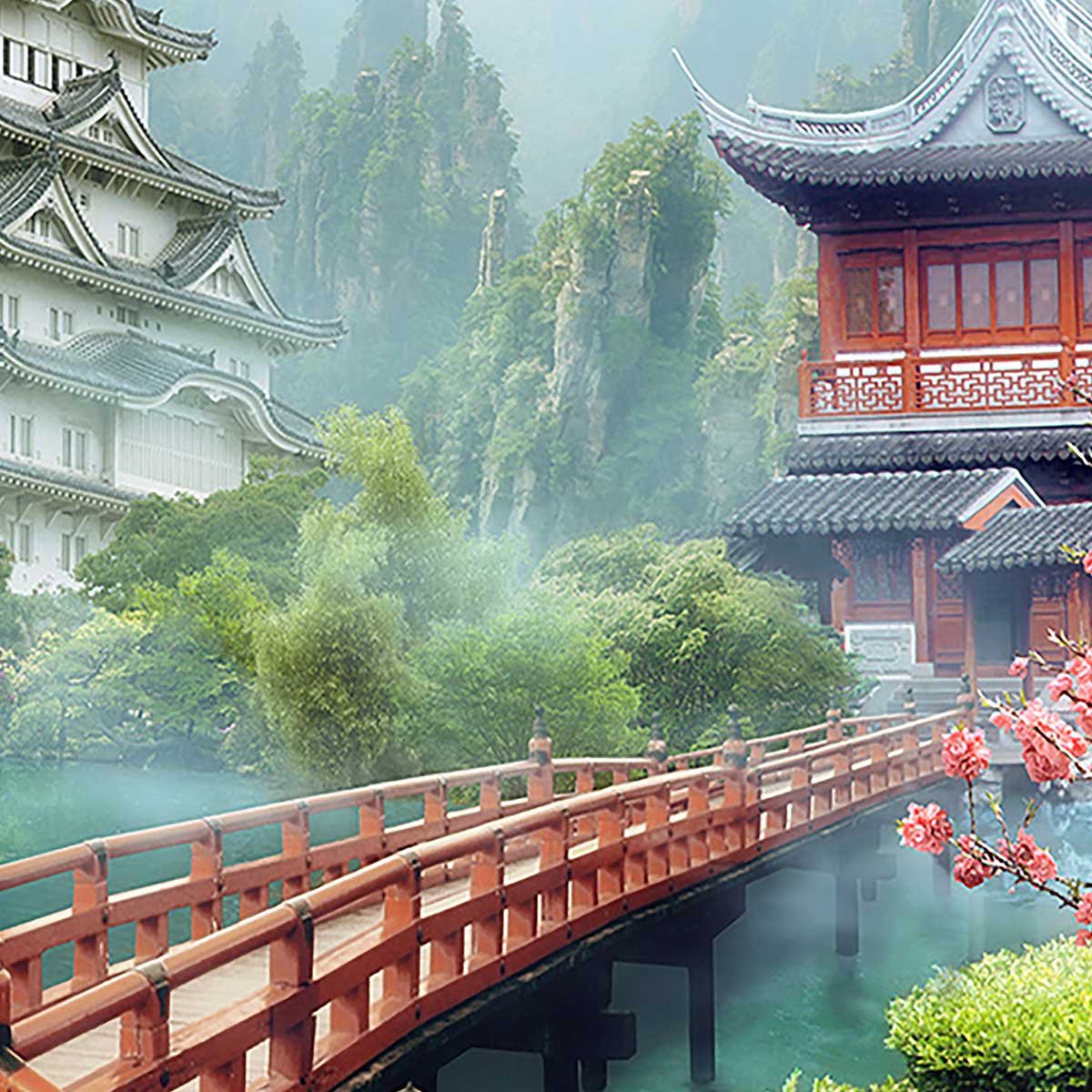 Affiche encadrée jardin japonais pagode affiche + cadre en métal - noir, HEXOA