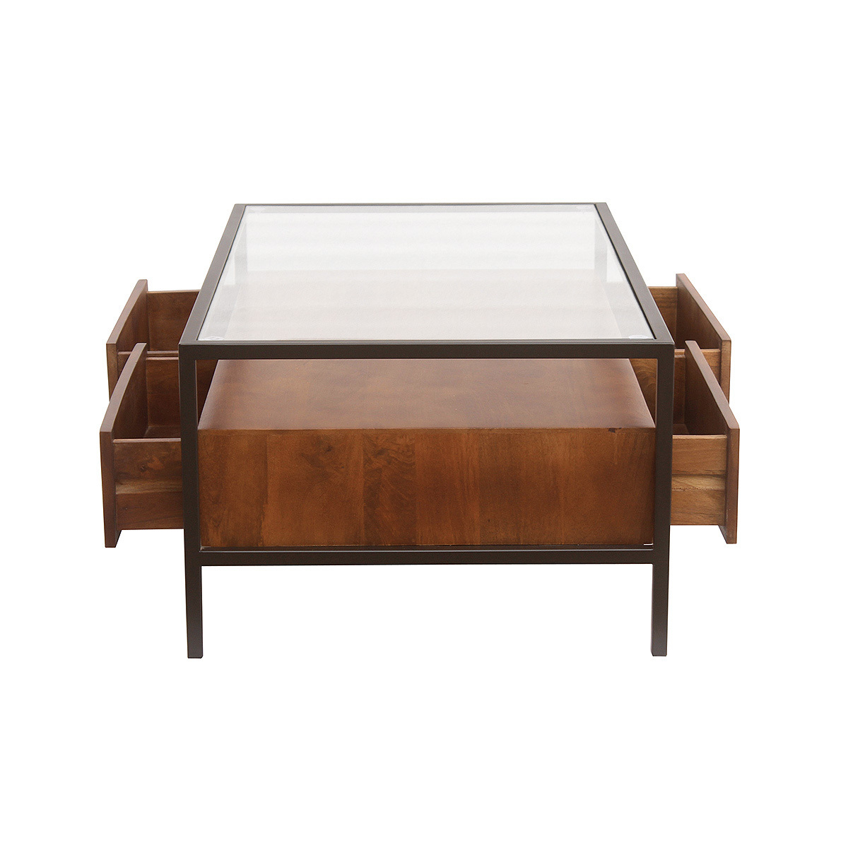 Table basse rectangulaire avec rangements en bois foncé manguier massif, verre et métal noir L100 cm SITA couleur unique, MILIBOO
