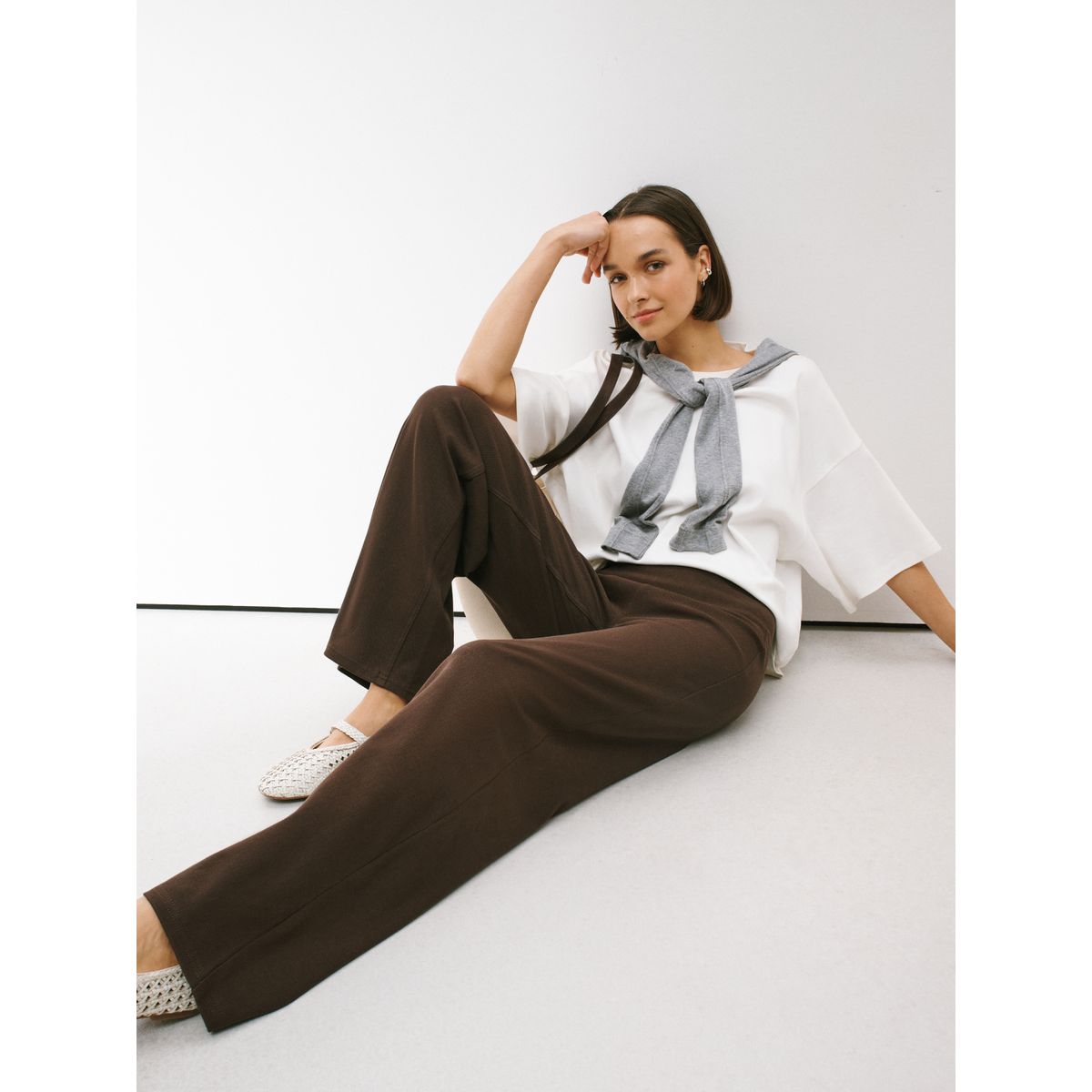 Pantalon large en jersey effet jean taille portefeuille marron chocolat, NEXT