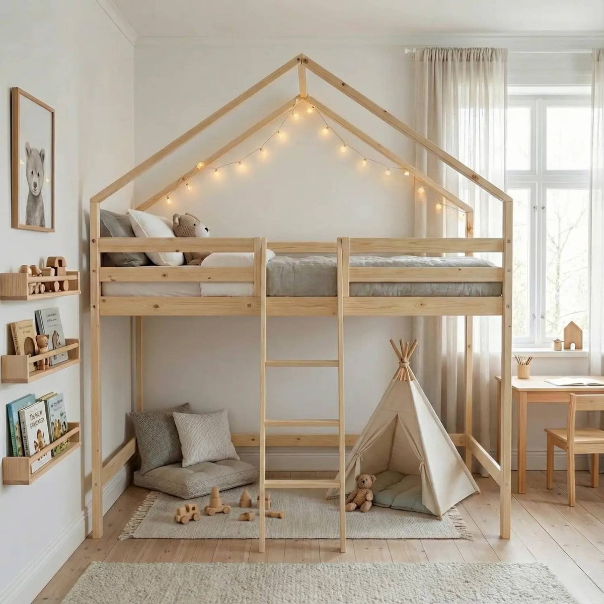 Lit enfant mezzanine cabane 90 x 190 cm pin naturel ROYA naturel, SWEEEK