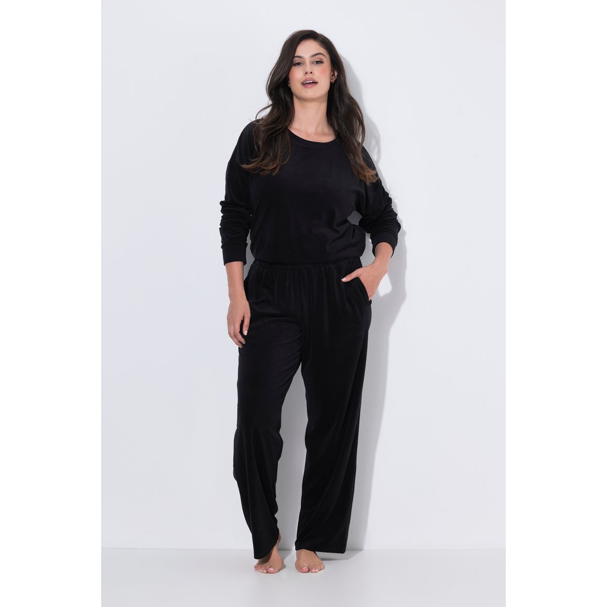 Pantalon homewear Marlene, jambe large noir, ULLA POPKEN