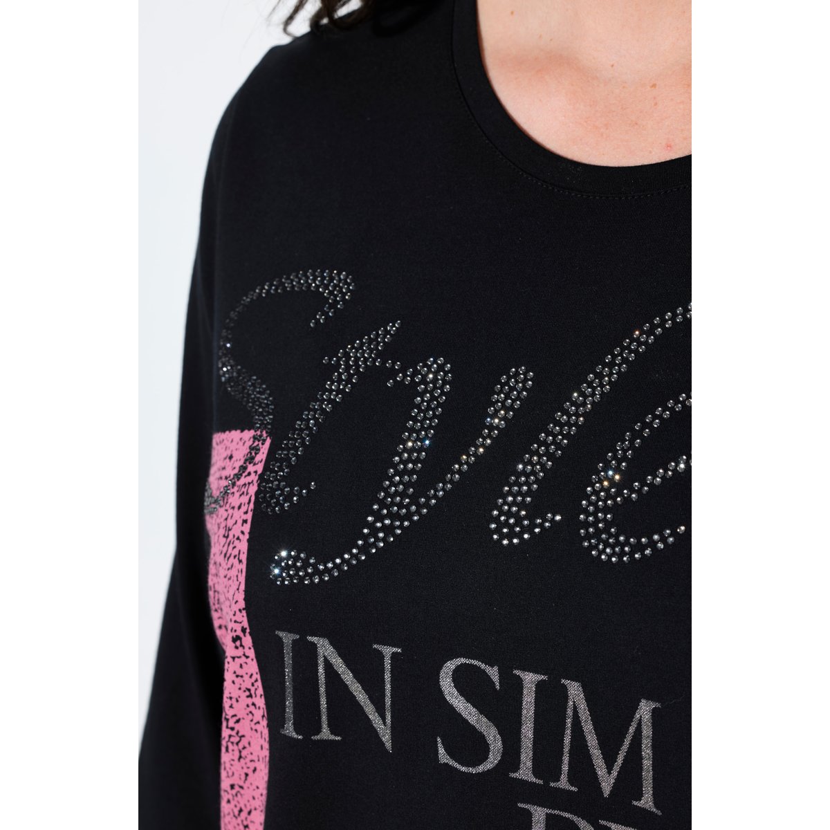 T-shirt avec strass, col rond et manches 3/4 noir, ULLA POPKEN
