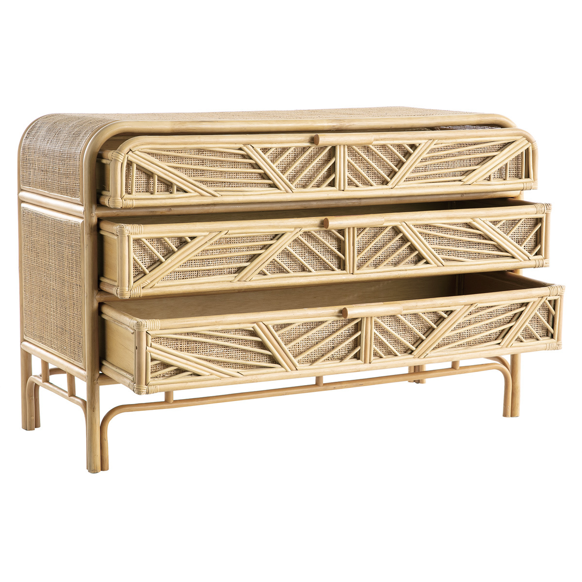 Commode vintage en rotin 3 tiroirs L120 cm GALON chêne clair, MILIBOO