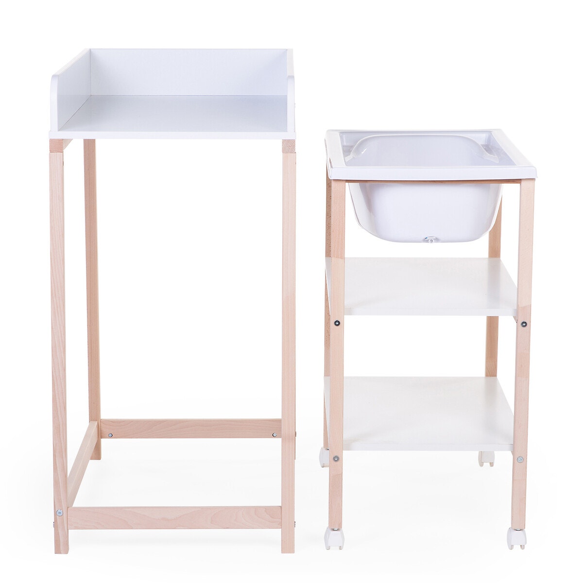 Table à langer et baignoire avec roues en bois blanc/naturel, CHILDHOME