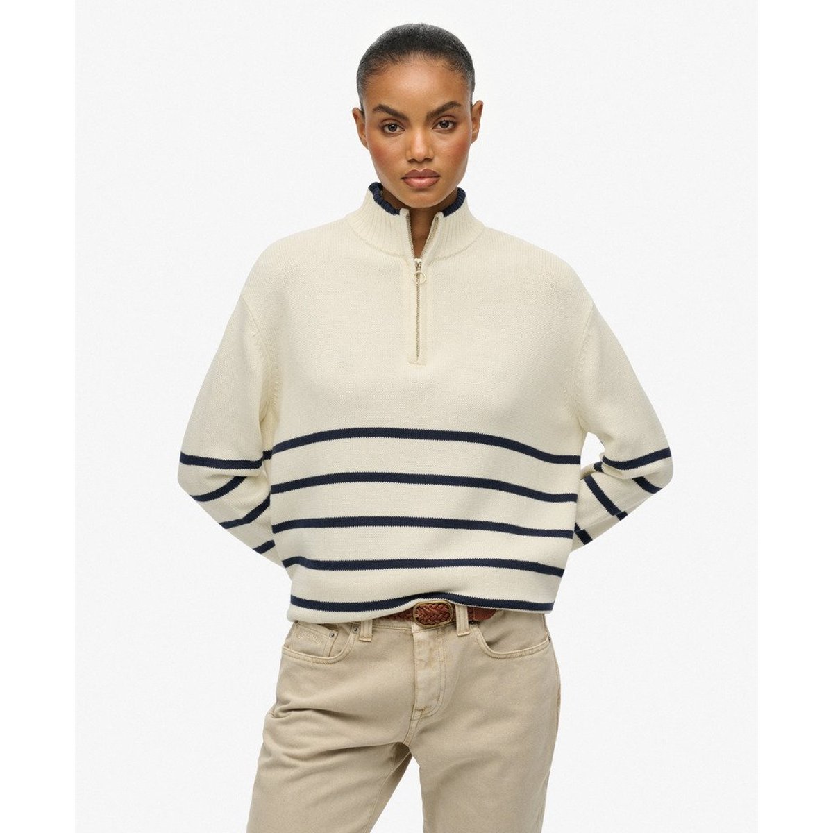 Pull en maille à col camionneur rayures bleu marine profond et blanc cassé, SUPERDRY