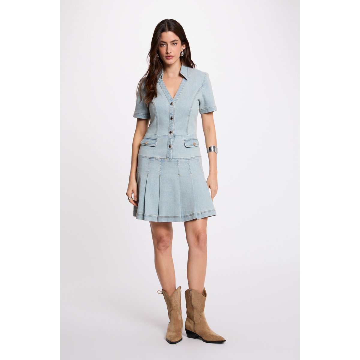 Robe courte trapèze en jean denim bleach, MORGAN