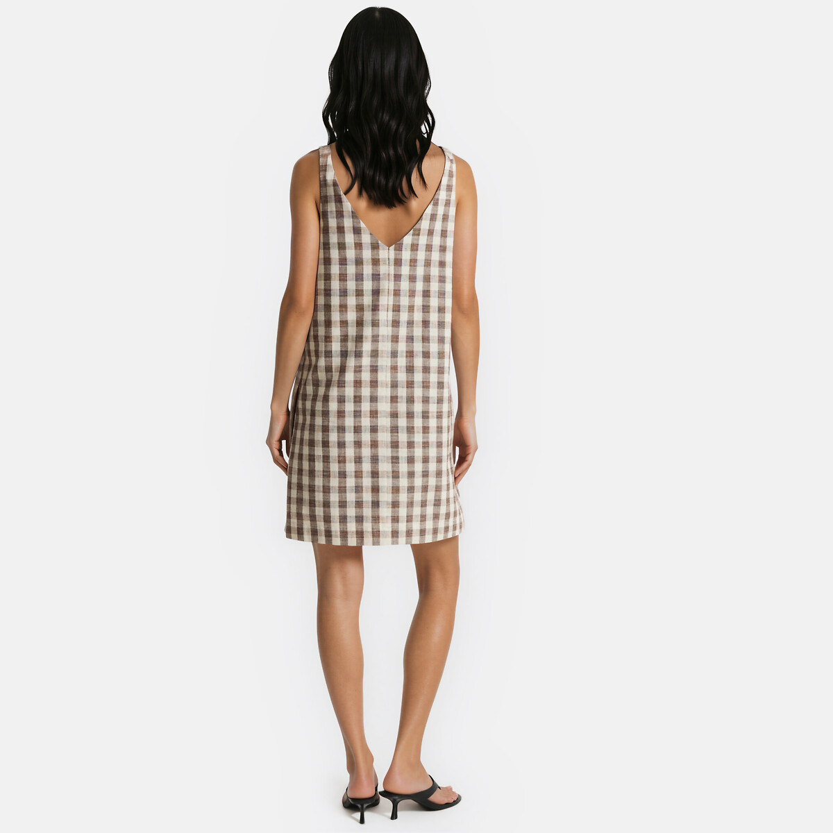 Robe courte vichy sans manches en coton et lin vichy marron, LA REDOUTE COLLECTIONS