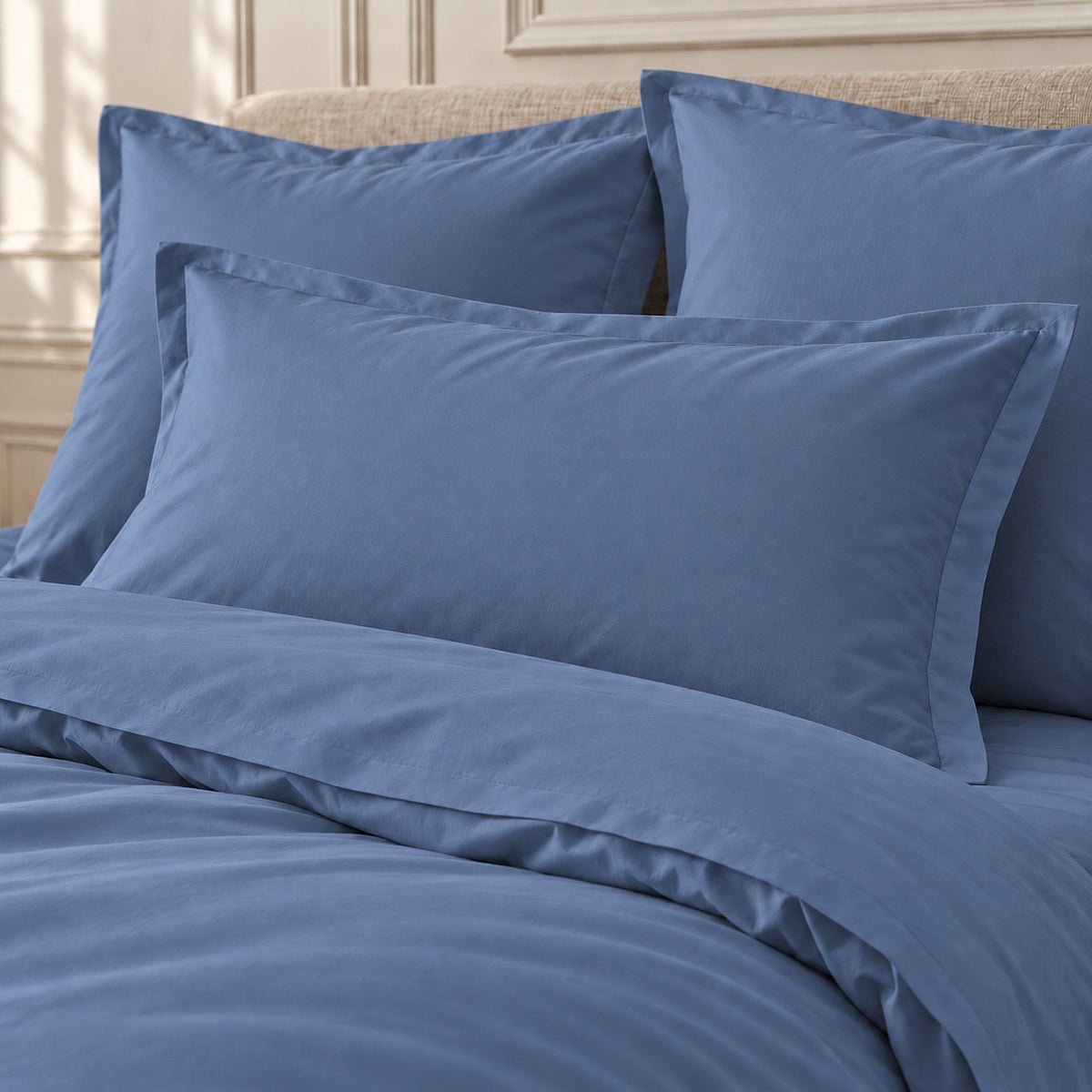 Parure + taies 50x70 percale de coton NINA bleu denim, FEBRONIE