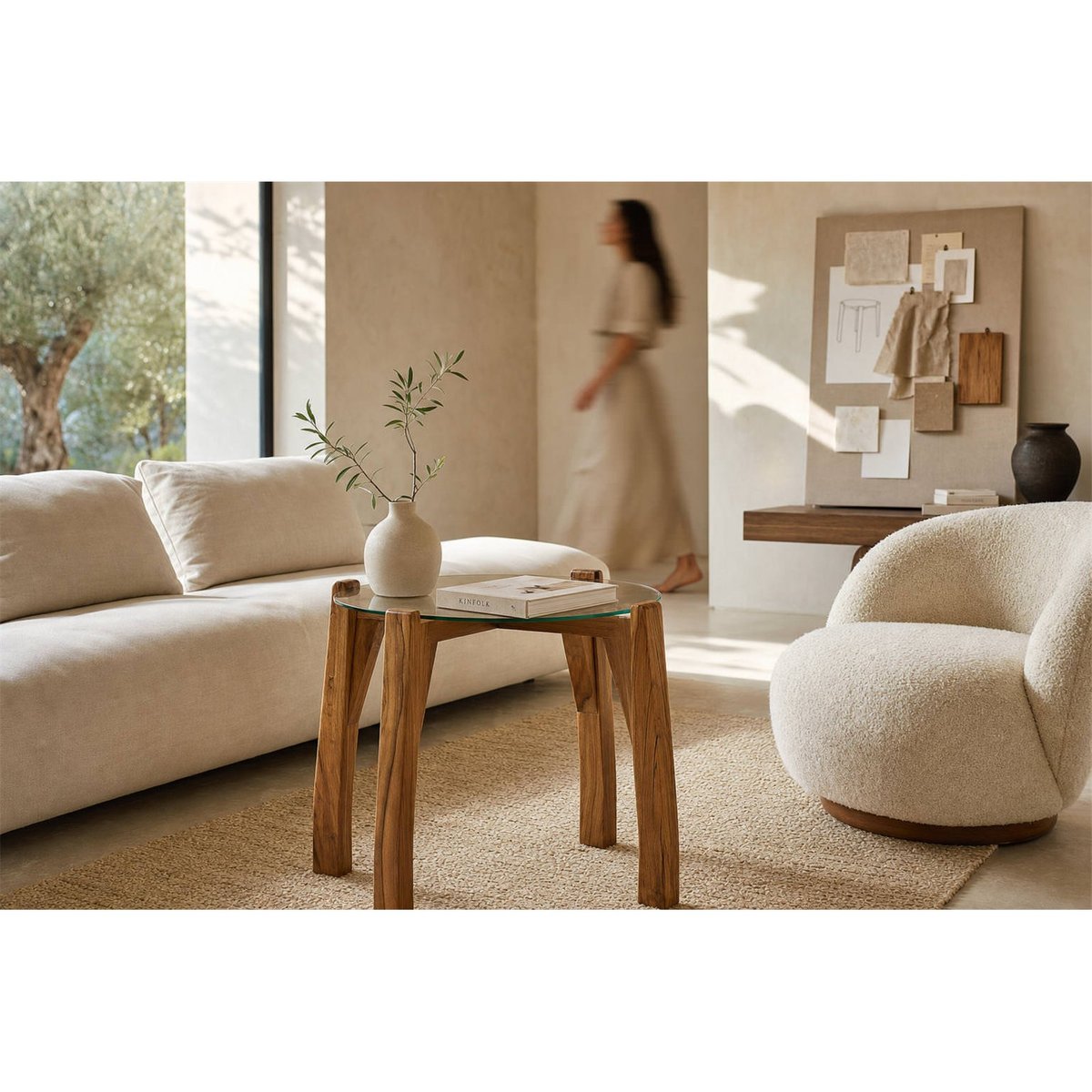 Table d'appoint en teck massif et verre naturel, RECOLLECTION
