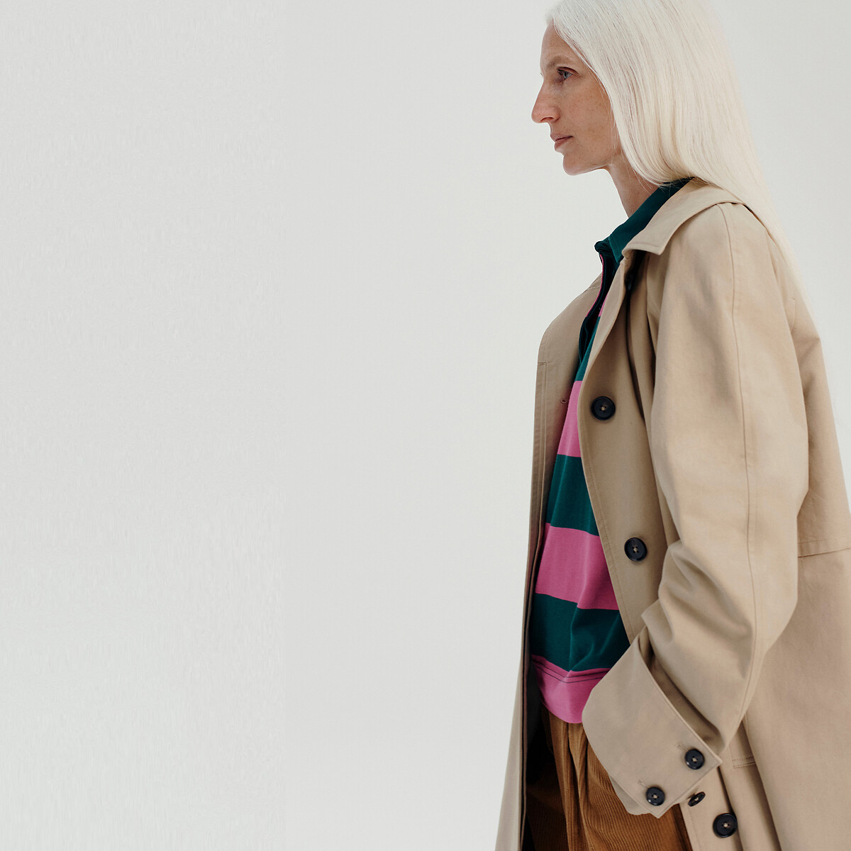 Long Trench Coat with Button Fastening beige, La Redoute Collections x ADN Paris