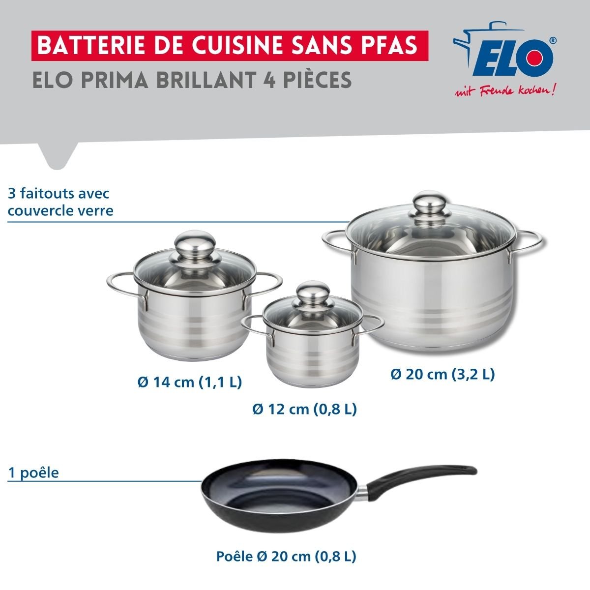 Batterie 1 poêle 20cm + 3 faitouts 12/14/20cm PRIMA BRILLANT noir, ELO
